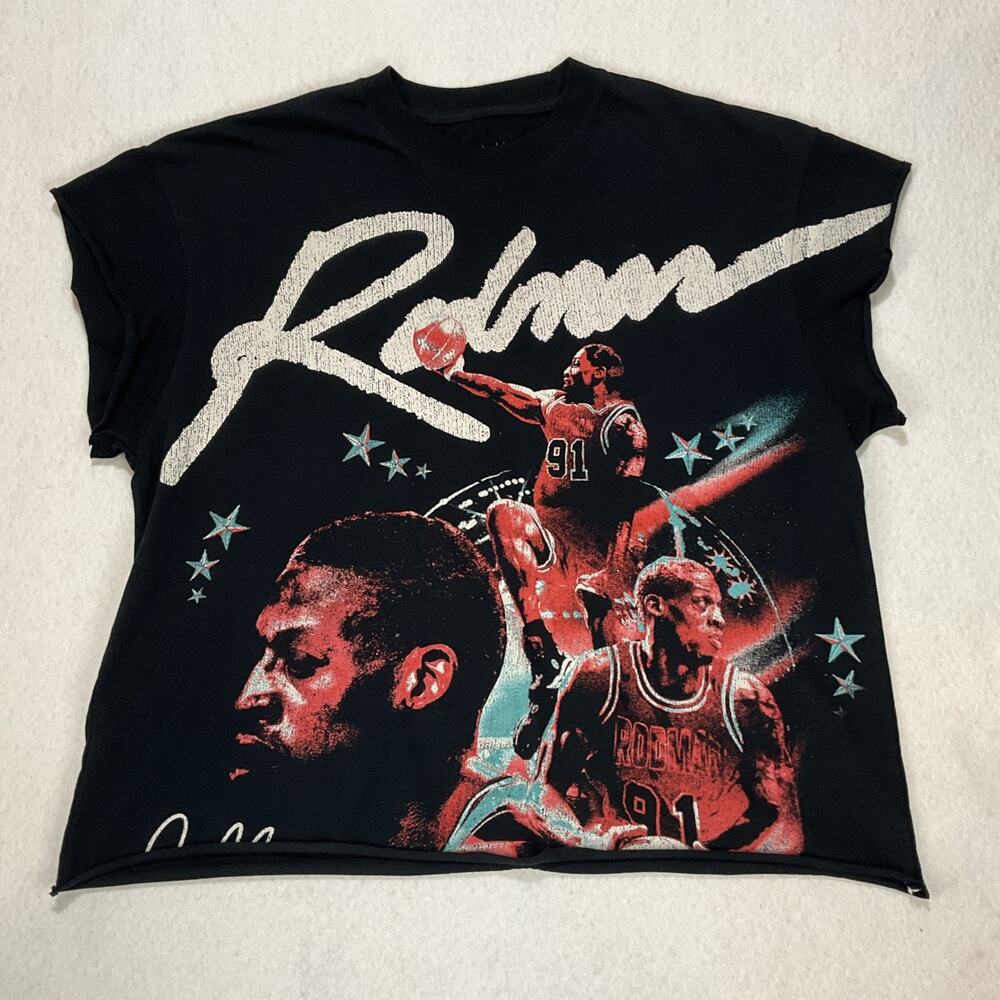 Rodman Apparel Men's T-Shirt Dennis Rodman Bulls Black Graphic Cut Off Cotton L